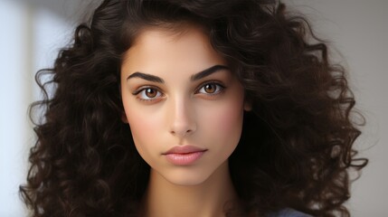 Elegant portrait of a woman with lush wavy brunette hair and natural makeup on neutral background