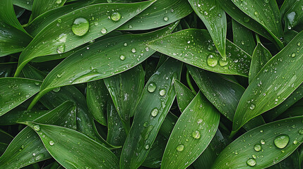 Fototapeta premium Lush green leaves adorned with morning dew droplets create refreshing and vibrant scene. intricate details of leaves enhance natural beauty of this organic setting