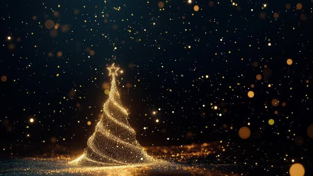 Glowing Christmas Tree with Warm Golden Lights, Floating Bokeh Particles and Sparkling Decorations