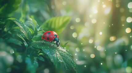 Obraz premium detailed close up of ladybug crawling on green leaf, surrounded by soft bokeh lights and dew drops, creating serene and enchanting atmosphere