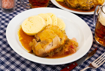 Traditional Czech dish - bread knodels, pork and sauerkraut