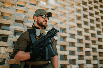 Soldier holding submachine gun and wearing tactical vest and cap