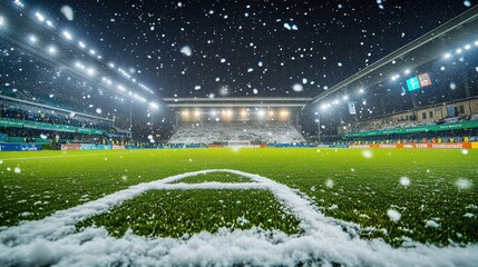 A snowy night at a football stadium with lights, a green field, and a blurry crowd in the background.