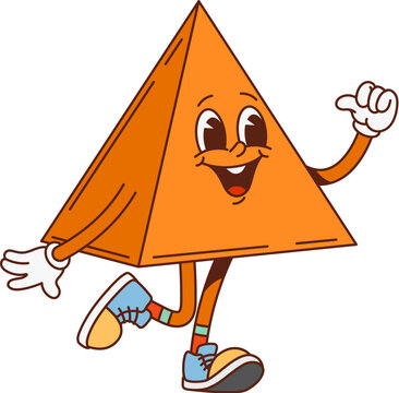 Naklejki Groovy math pyramid geometric figure character. Elementary school math pyramid retro funny personage, geometric shape cute isolated vector character. Kids education basic figure cheerful groovy mascot