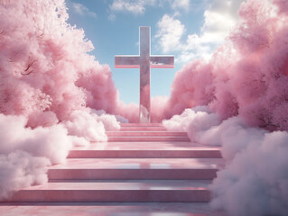 Pink Stairway to Cross Surrounded by Blossoming Trees and Clouds, Serene Religious Landscape with Soft Pink and White Hues Under Blue Sky