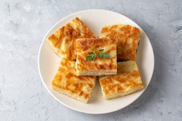 Delicious Turkish food; Tray pastry; (Turkish name; Su boregi)