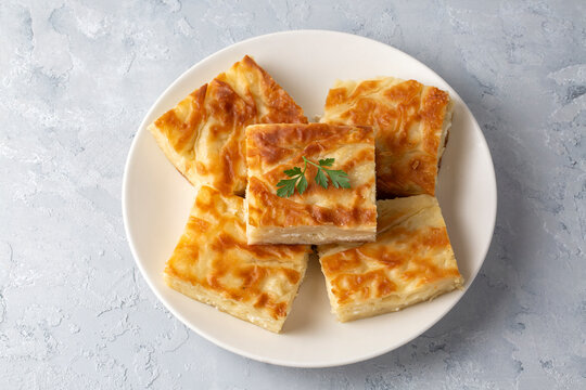 Delicious Turkish food; Tray pastry; (Turkish name; Su boregi)