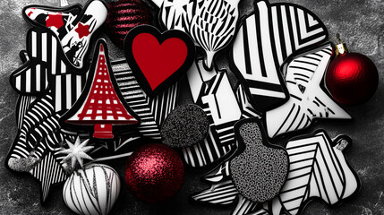 Decorative festive cookies with red and black designs, arranged creatively on a textured surface during the holiday season