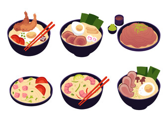 A delightful vector set of ramen bowls with noodles, champignons, seaweed and shrimp