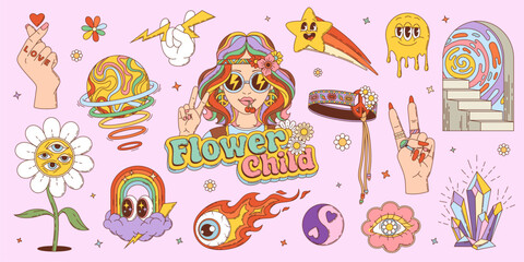 Retro groovy hippie vector icons set. Colorful, flower child theme elements like peace sign, rainbow, flowers and a hippy character with sunglasses and a headband, celebrating the spirit of the 1960s
