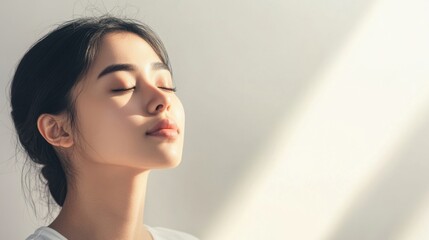 Woman taking deep breath bright background clean layout  copy space