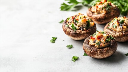 Vegan stuffed mushrooms bright background clean layout  copy space