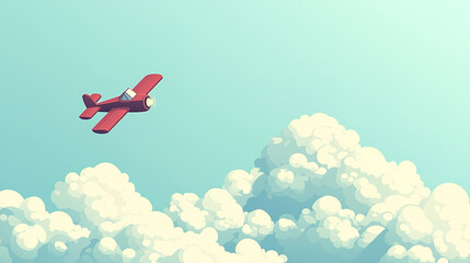 Red airplane flying above white clouds minimalist illustration