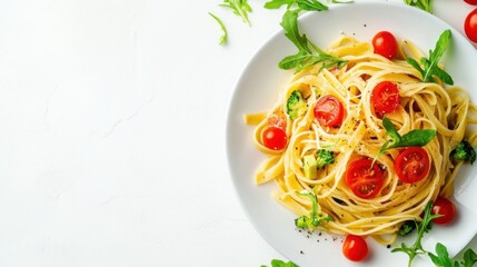 Plate of vegan pasta with vegetables bright background  clean layout copy space