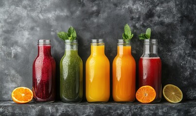 Colorful juice bottles with fresh fruits and mint leaves
