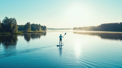 Woman paddleboarding on lake natural light clean background