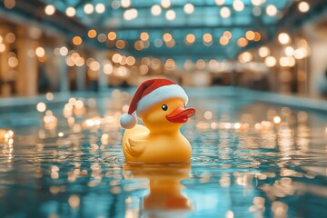 Rubber duck with Santa hat floating in festive setting