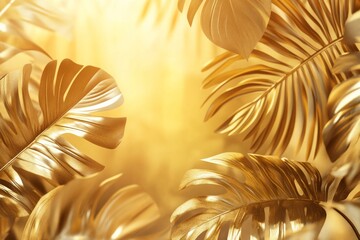 background of Gold colored illustrated tropical leaves 