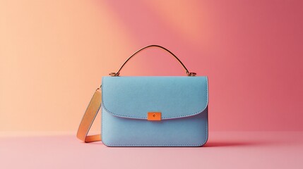Light blue handbag with gold accents on a pink background.