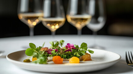 Gourmet Salad with Edible Flowers  White Wine Glasses in Background