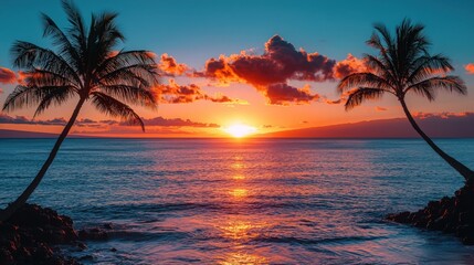 Beautiful sunset over the ocean with palm trees framing the horizon in Hawaii