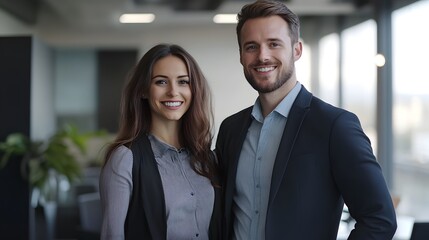 Male and female business couple posing smiling