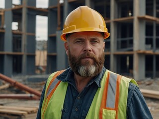 Detailed portrait of a builder with a beard and hard hat on the job