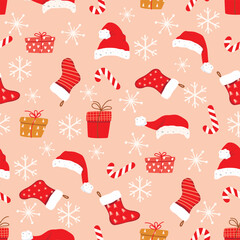 Cartoon seamless pattern with Christmas attributes and snowflakes.Festive background with gifts,socks, stick and Santa Claus hat.Vector design for printing on fabric and paper.Seasonal illustration.