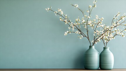   A pair of vases rest atop a wooden table beside each other