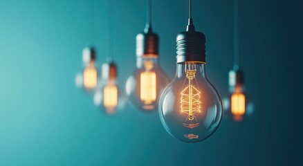 Glowing Light Bulbs Hanging Against a Teal Background