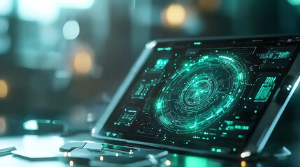 Fototapeta premium futuristic control system displayed on tablet, showcasing advanced technology and digital interfaces. glowing green graphics create high tech atmosphere