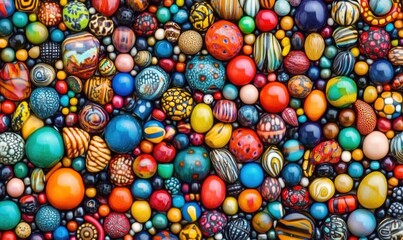Colorful beads collection, various shapes, sizes, patterns, vibrant hues