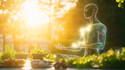 A digital human figure meditating in a garden at sunset with bowls of food in the foreground.