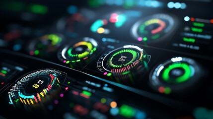 Obraz premium highly sophisticated 3D financial dashboard featuring vibrant gauges and metrics, showcasing data visualization and analytics in modern design