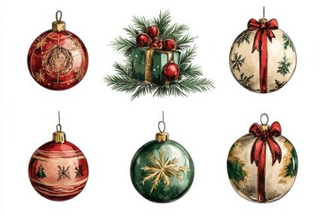 Christmas balls, christmas tree with gifts,  vector illustration, cartoon, isolated in white background 