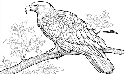 Fototapeta premium Eagle perched on branch, detailed line art illustration, nature scene