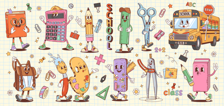 Retro cartoon groovy school education characters, back to school vector stickers. Cute pencil, student book, backpack, calculator and scissors stationery and school supplies groovy hippie personages