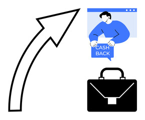 An upward arrow represents growth next to a person holding a cashback sign and a black briefcase. Ideal for business growth, cashback promotions, financial gain, marketing strategies, and efficiency