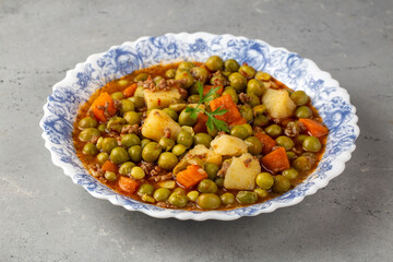 Traditional delicious Turkish food; Peas with minced meat (Turkish name; Kiymali bezelye yemegi)