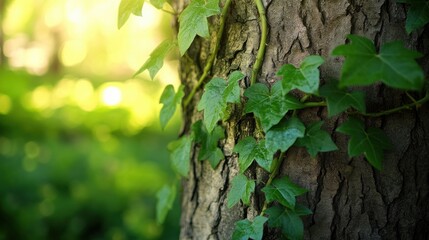 Fototapeta premium Close-up of lush, green vines with delicate tendrils, winding up a tree trunk in a sunlit forest, creating a natural, tranquil atmosphere.