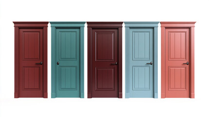 Naklejka premium Five Colorful Interior Doors with Trim Isolated on White Background