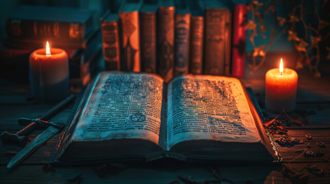 An open grimoire displays handwritten spells alongside witchcraft tools, softly illuminated by flickering candlelight