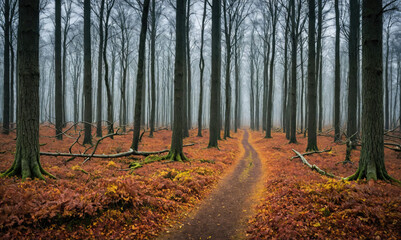 Fototapeta premium A path winds through a dense forest on a foggy day, the fallen leaves creating a carpet of orange and yellow