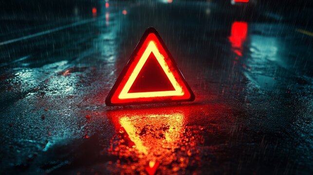 On this stormy night, a bright red emergency triangle stands out against the wet asphalt, providing a critical warning to passing vehicles and enhancing safety for everyone nearby