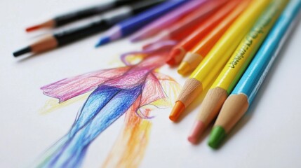 A set of vibrant crayons beside a beautifully colored drawing, showcasing vivid hues on a clean, white surface.