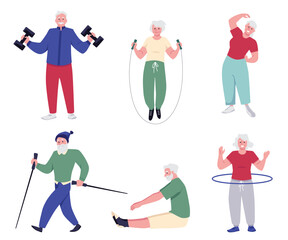 Seniors training with hoop, dumbbell, jump rope vector set, active elderly people doing gymnastics, Nordic walking poles