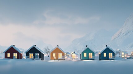   A row of small houses rests amidst a snowy field, with a majestic mountain looming in the background