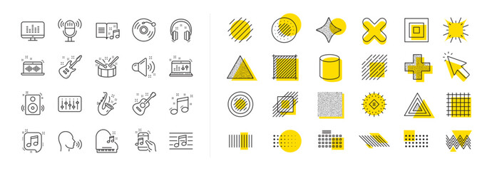 Set of Acoustic guitar, Musical note, Vinyl record icons. Design shape elements. Music line icons. Jazz saxophone, Drums with drumsticks, DJ controller. Vector