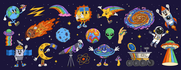 Retro cartoon groovy space characters. Planets, astronaut, rocket and alien, earth, saturn, lightning bolts rainbow and cloud. Sun, galaxy, star, meteor, ufo, moon and satellite with telescope or atom