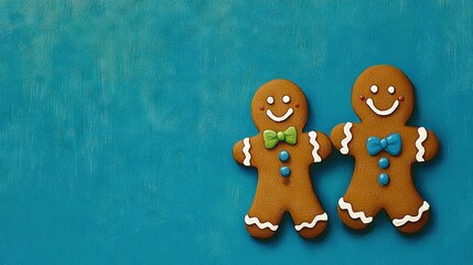 Naklejka premium A pair of ginger cookies rest atop a blue table, beside one another on a blue background